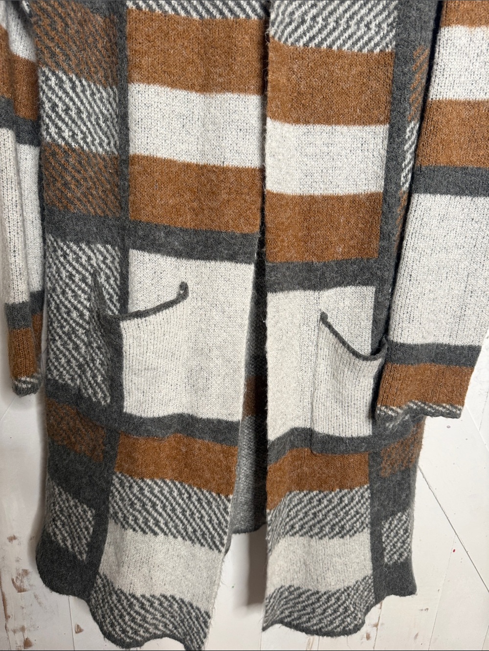 Natural Reflections Hooded Open-Front Cardigan in Brown, Gray & Cream - Picture 3 of 13